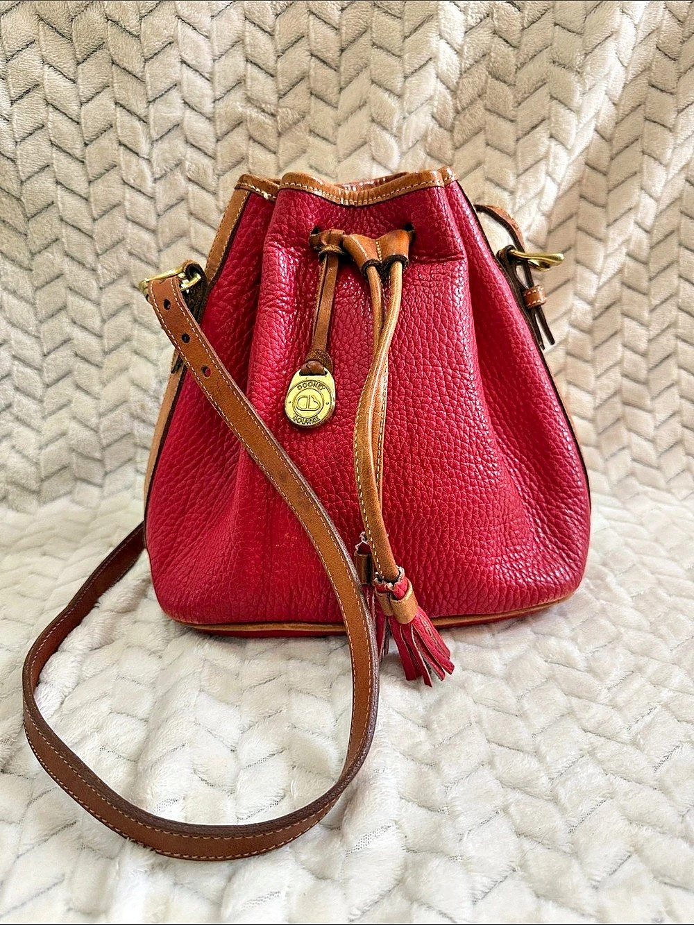 Dooney & Bourke Pebble Grain Small Drawstring Red & Brown Bag